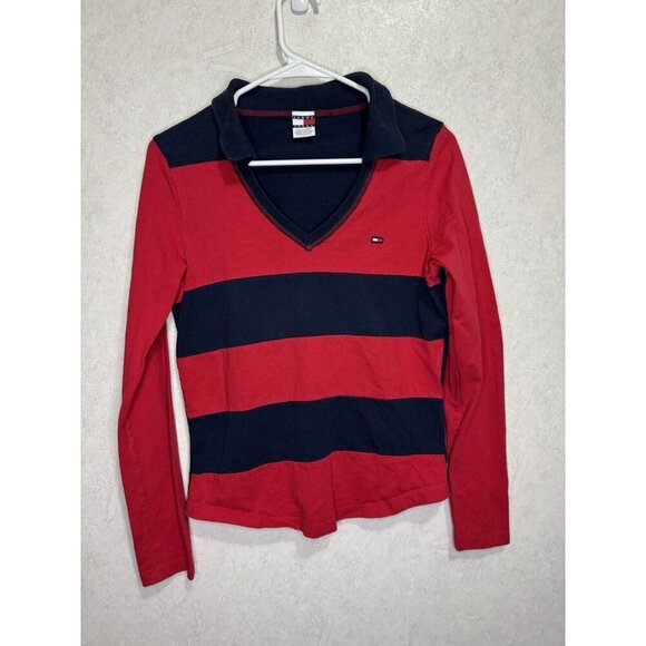 TOMMY HILFIGER JEANS Women Collared Vneck Long Sleeve Top Striped Red SMALL READ - Picture 1 of 6